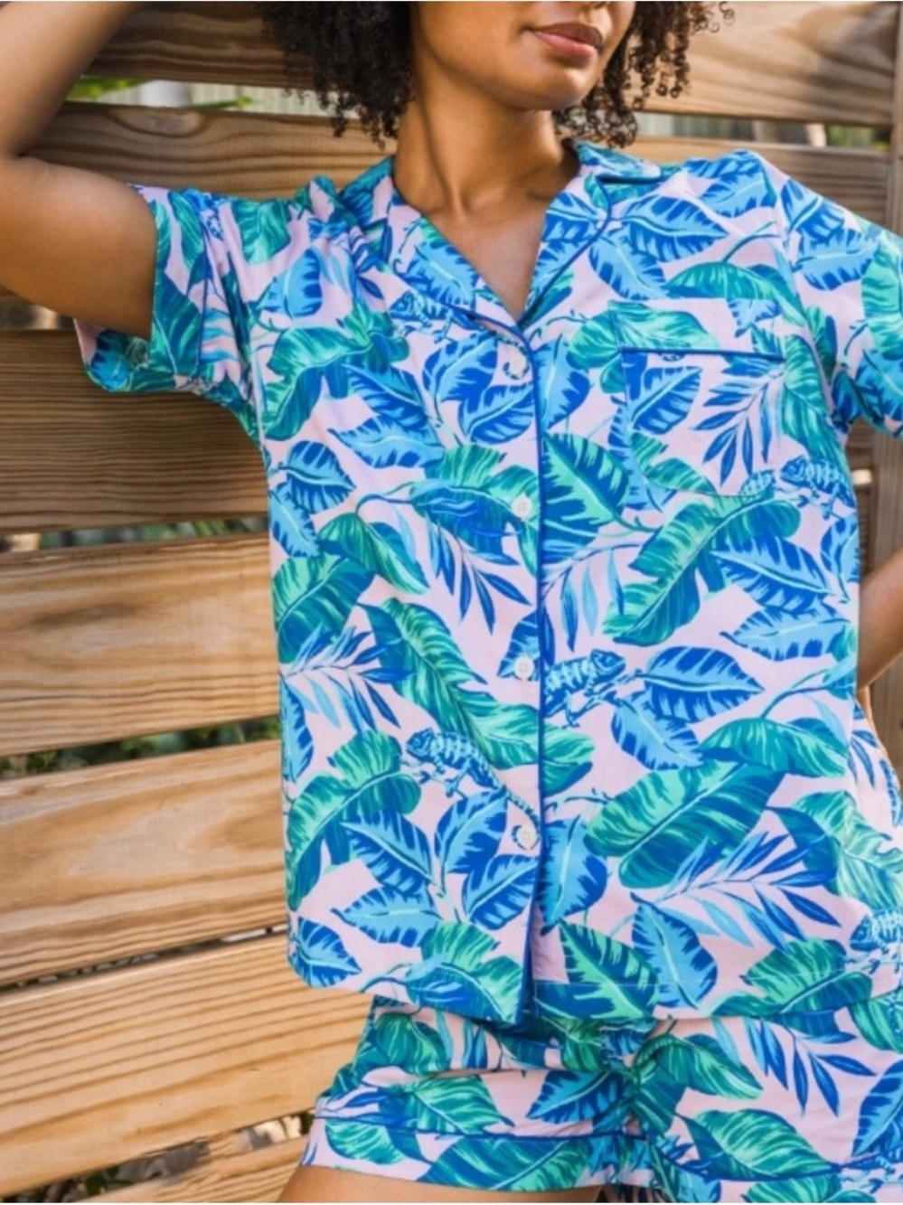 Printfresh Karma Chameleon Tropical Leaf Short Pajama Set, 100% cotton, M - Picture 1 of 6